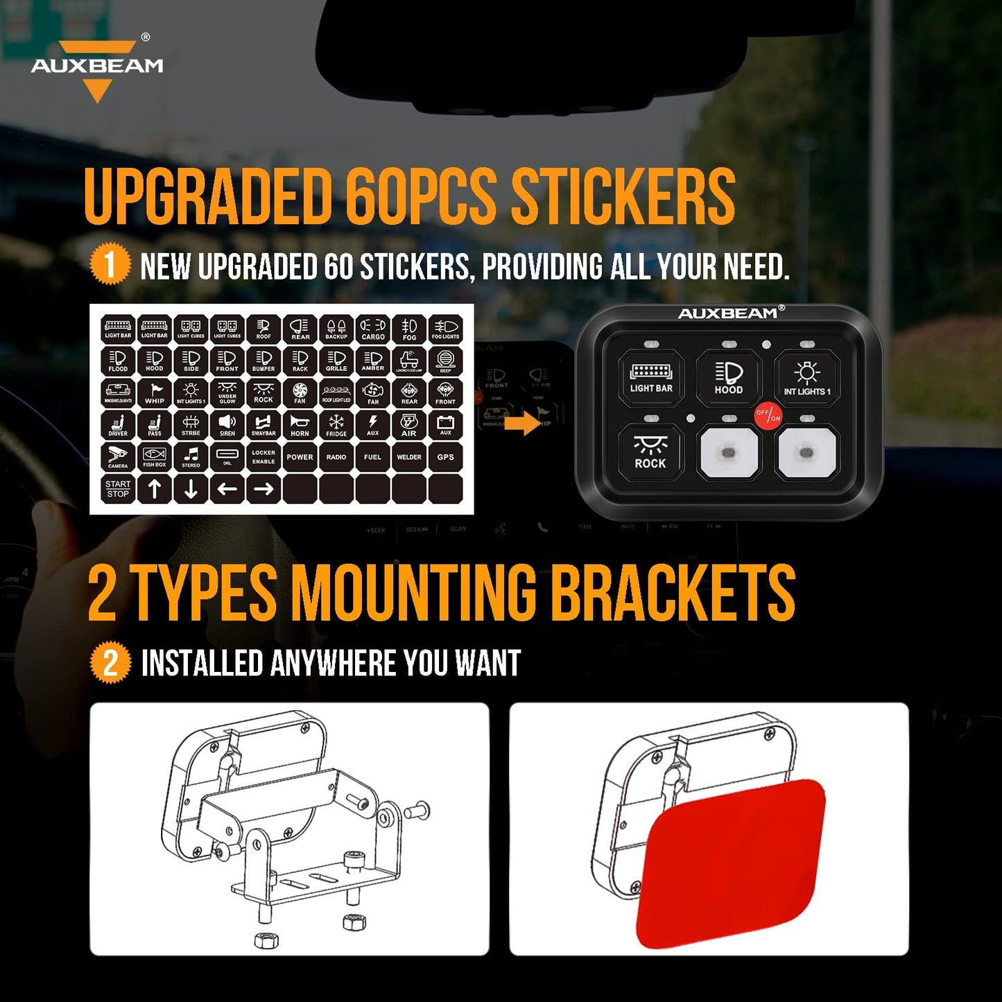 Auxbeam 6 Gang Switch Panel BC60 Universal Circuit Control Relay System Automatic Dimmable LED Switch Pod Touch Control Panel Switch Box for Car Truck Pickup Boat UTV SUV - Blue, 3 Years Warranty