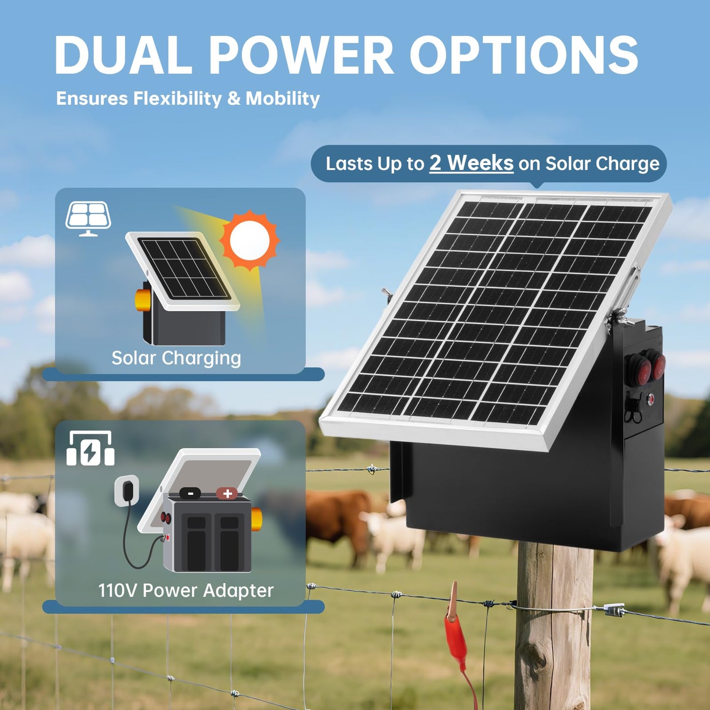 Solar Fence Charger with Warning Light, Briidea 1.2 Joules Solar Electric Fence Energizer, Dual Power (Solar & Adapter), Up to 10-Mile Range, IP64 Weather-Resistant, for Livestock, Garden & Pasture