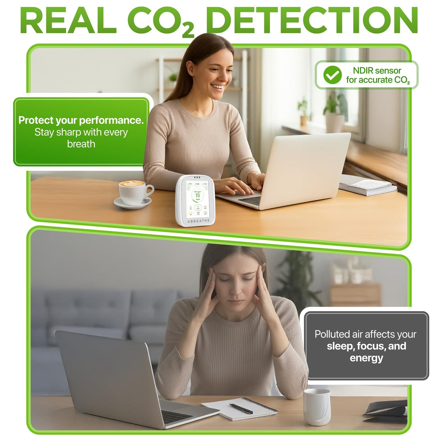 BREATHE Airmonitor Plus: Smart Air Quality Monitor Indoor - 8-in-1 CO2 Meter, Formaldehyde Detector, VOC Meter, PM1/2.5/10, Temperature & Humidity - Air Quality Tester for Home with App