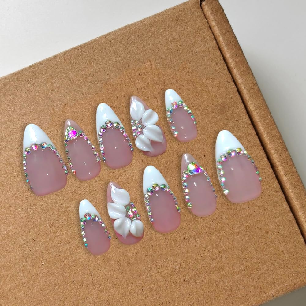 10 Pcs Flower Handmade Press on Nails Almond Shape Luxury Medium Hand Made Nails with Design Flower Artificial Stick on Nails French Tip False Nail for Women (M)