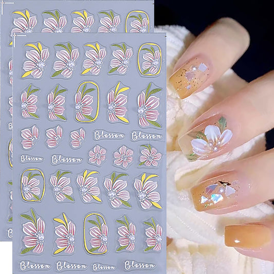 3D Flower Nail Art Stickers Decals Self Adhesive Blossom Flowers Nail Decals with Leaf Design, Spring Floral Nail Stickers for Women DIY Manicure Gel Acrylic Nails Decorations Supply 2 Sheets