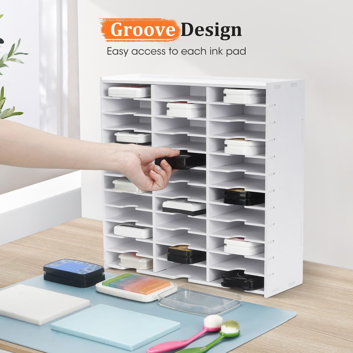 Krafetto 36 Grids Ink Pad Storage Rack, Wall-mountable Stamp Pad Organizer Holder Compatible with Standard Size Ink Pads（Grid Size 4.1" W × 3.9" D × 0.9" H）