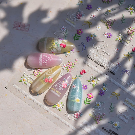 Summer Spring Nail Stickers for Nail Art 5D Self Adhesive Nail Decals Colorful Flower Nail Art Stickers Floral Nails Design Embossed Nail Supplies for Women Girls