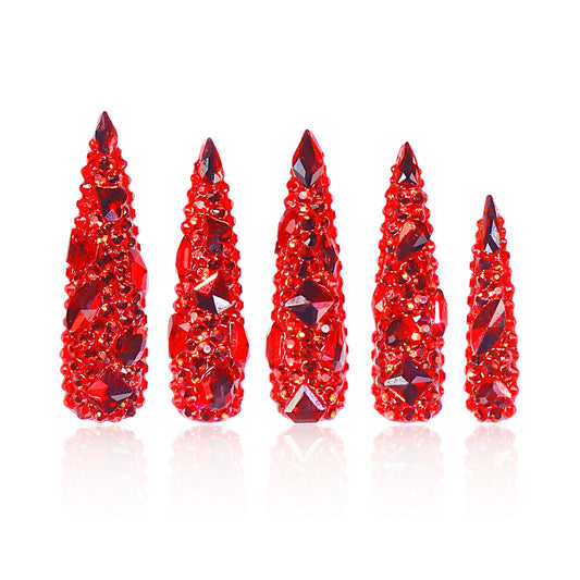 LOVFUL Press on Nails Flaming Luxury Red Stiletto | Handmade with Full Covered Crystals| Reusable Fake Nails | Stiletto Mid Length 1.7 in | H39-M