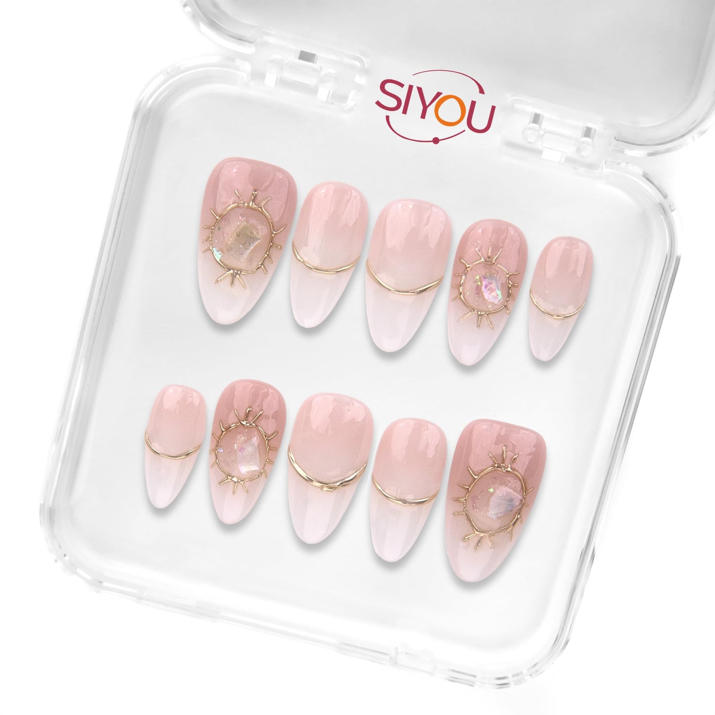 SIYOU Beauty | Aurora Blush Ombre | Pink and White Ombre Short Almond Press On Nails for Women (Large) - Reusable, Salon-Quality Fake Nails (10pc)