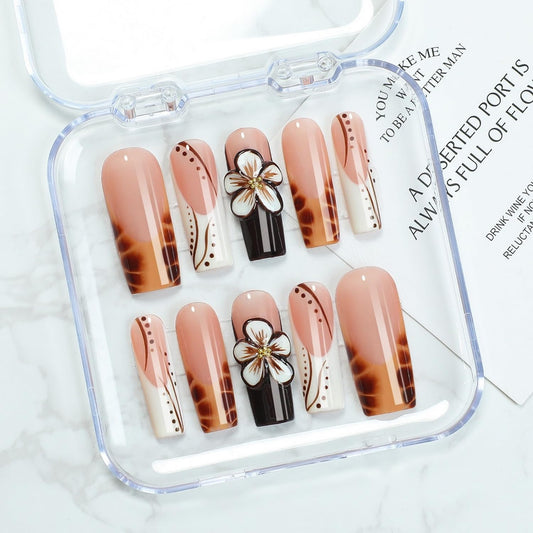 Flower Press on Nails - Long Square Handmade Press on Nails Thick Acrylic and Muti-Layer Gel False Nails 3D Floral Stick on Nails Leopard French Tip Fake Nails for Women DIY Art Decor (S)