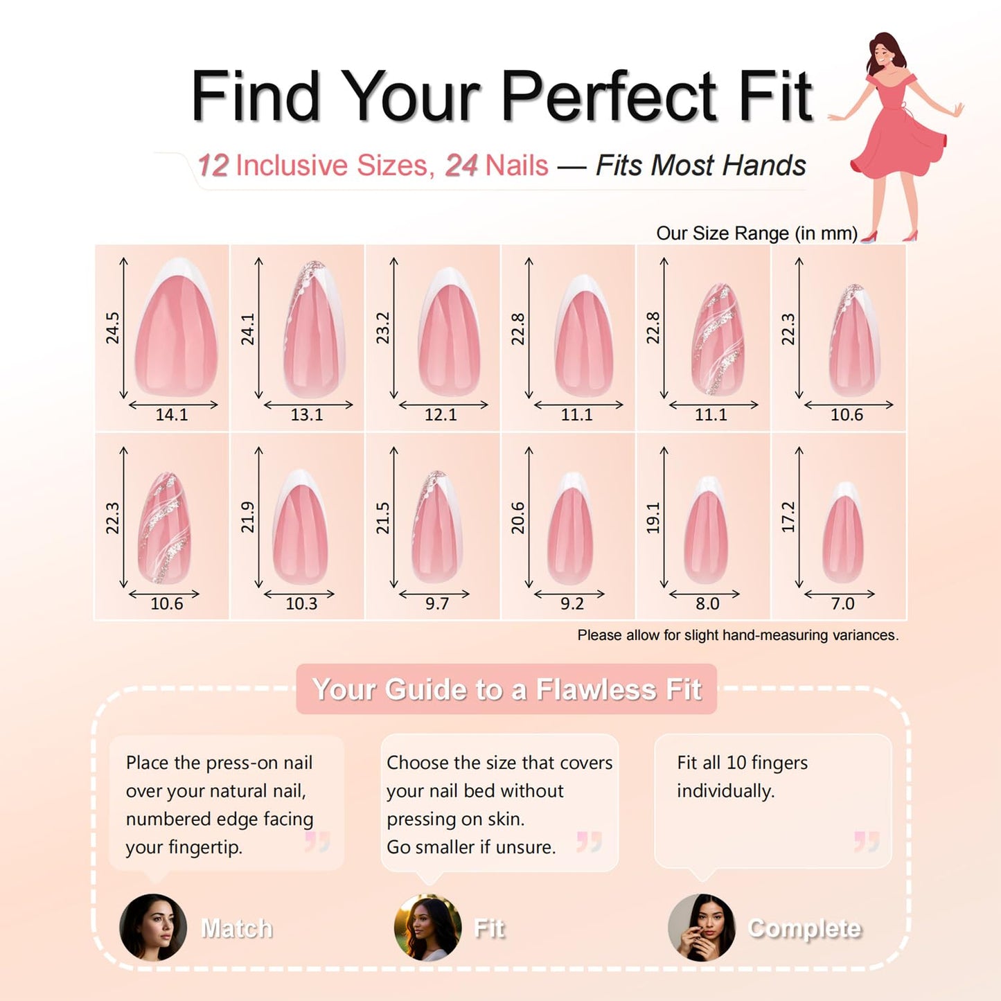 Taoyisent French Tip Press On Nails with Glitter Accent, Peach Pink Almond Fake Nails, Elegant Nude White False Nails, Press On Nail Kit for Women, 24PCS