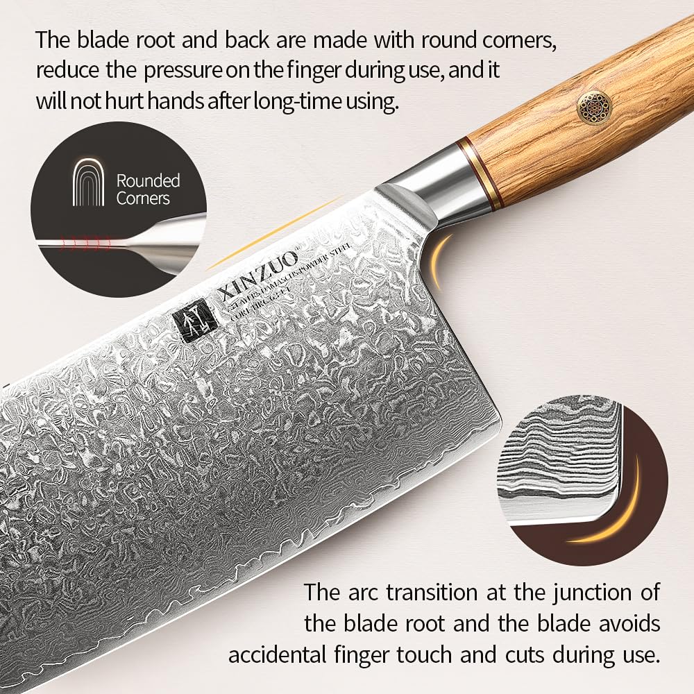 XINZUO Cleaver Knife 7.5 Inch, 73 Layer Damascus Steel Powder Steel Core Chinese Chef's Knife, Multifunction Vegetable Meat Slicing Knife with Olive Wood Handle -Lan Series