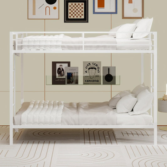 KEIKI Queen over Queen Size Metal Bunk Bed Frame with Built-in Ladder and Full-Length Railing, Modern Style Bunk Bed with Slats and Guardrail, No Box Spring Required, Easy Assembly, for Bedroom, White