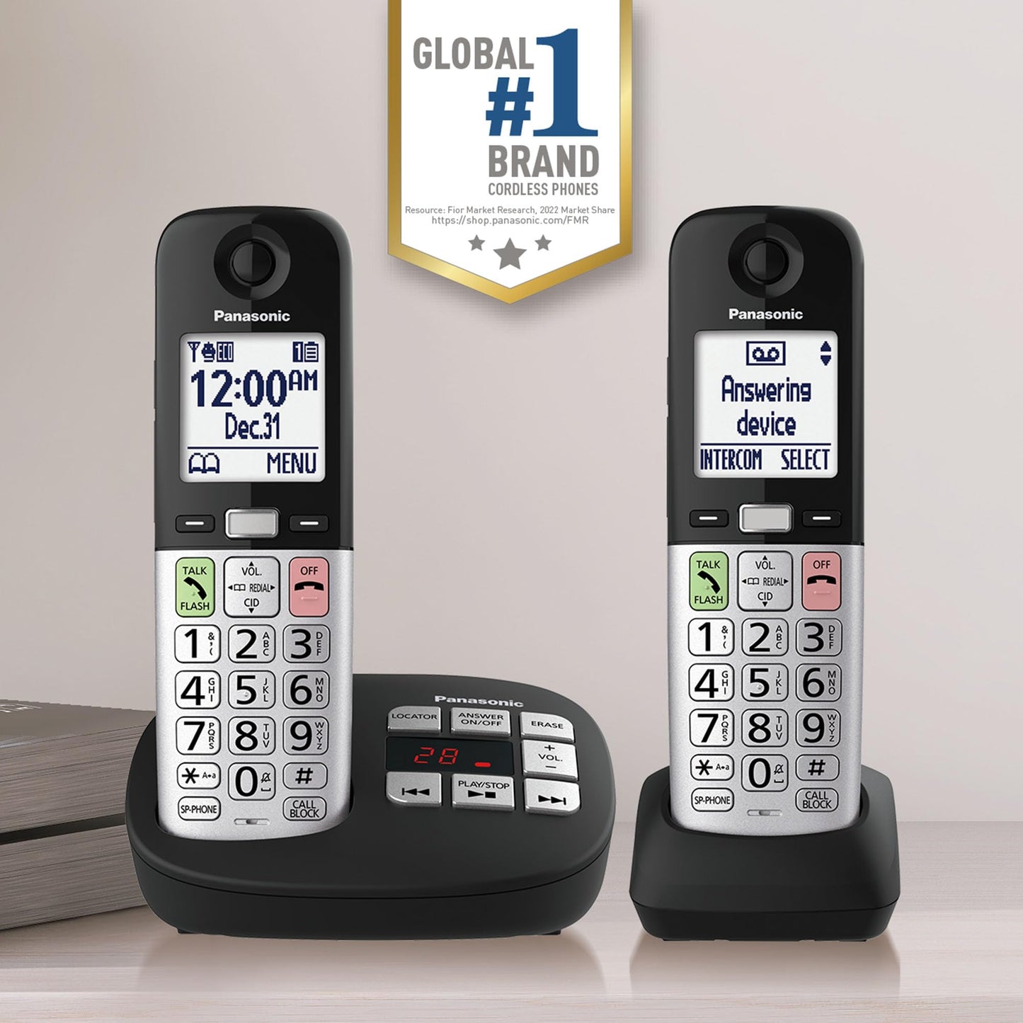 Panasonic Cordless Phone, Easy to Use with Large Display & Big Buttons, Flashing Favorites Key, Flashlight, Call Block, Volume Boost, Talking Caller ID, House Phones, 2 Cordless Handsets - KX-TGU432B