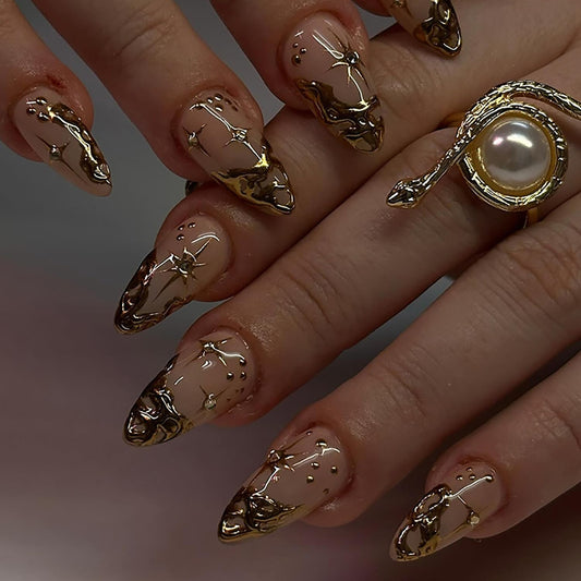 Gold French Tip Press On Nails - Short Almond 3D Stereoscopic Stick On Stars Rhinestones Design Coffin Acrylic Full Cover Artificial Nails for Women