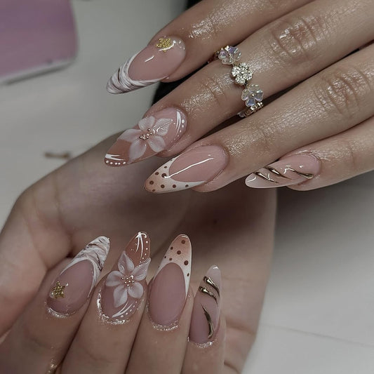 plalely Long Press on Nails Almond, Acrylic Press on Nails with Flower Designs, Long Almond Nail Tips for Women 24pcs