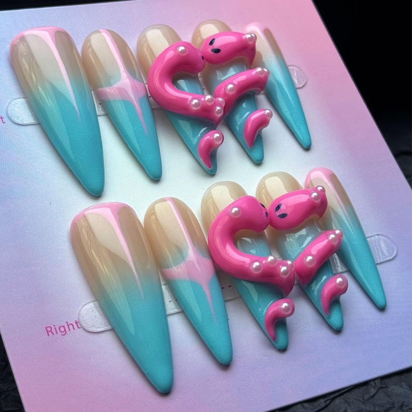 100% Handmade Press on Nails Pink Snake Fake Nails Long Stiletton False Nails Ombre Blue Glue on Nails Reusable Full Cover Halloween Handmade Nail Press ons for Women Girls Manicure 10Pcs Size L