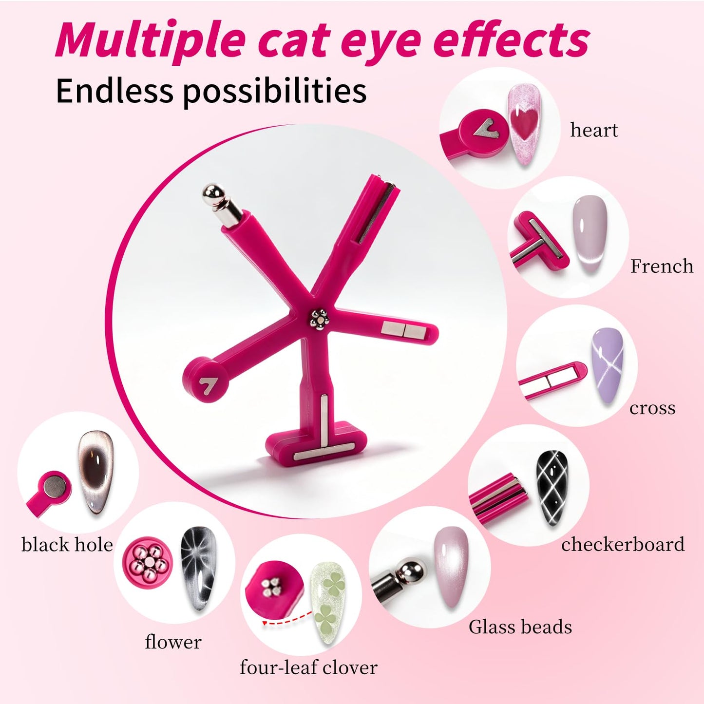 ESUOHYM Cat Eye Magnet Set 9 In 1 Nail Magnets with Magnetic Ball for Cateye Gel Nail Polish, Heart Flower French Four Leaf Clover Multifunction Cat Eye Nail Effects Tools for Beginners DIY Salon