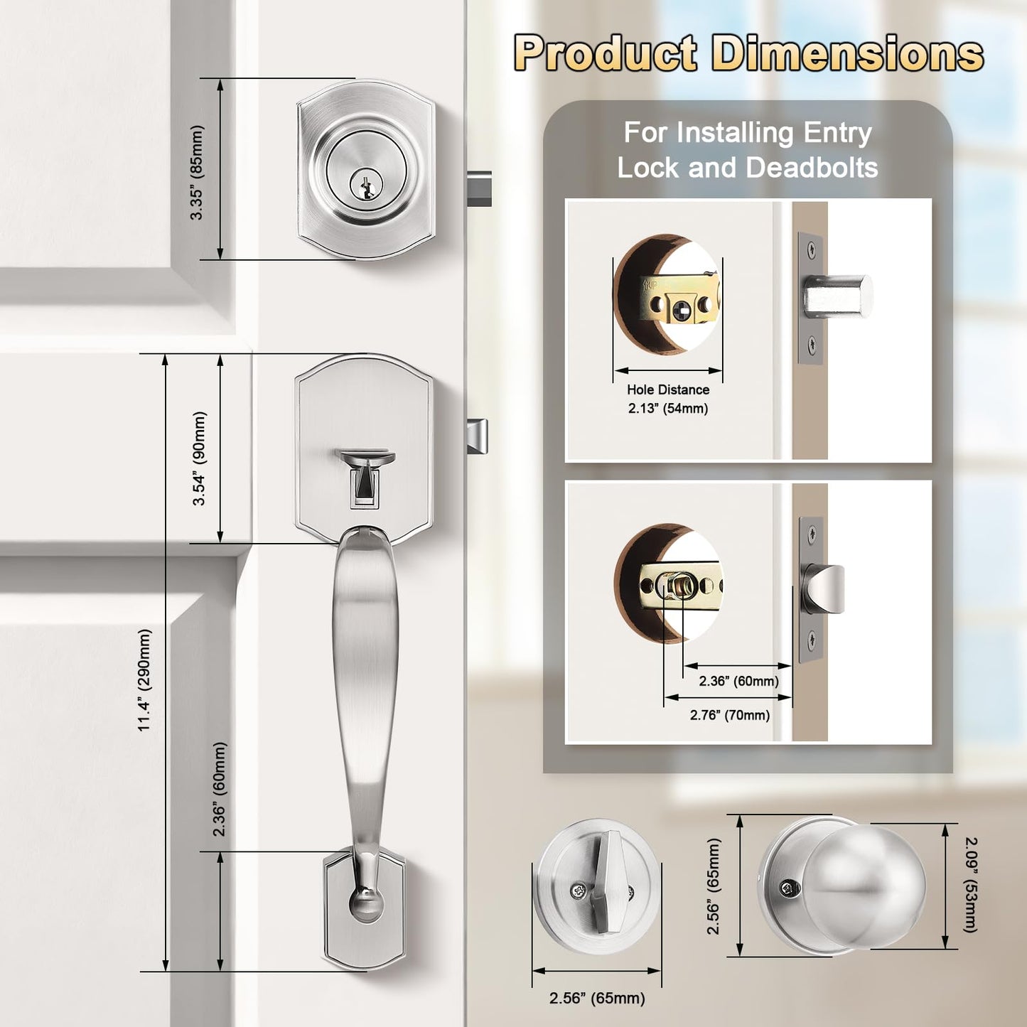Brotima Front Door Handle and Deadbolt Set, Satin Nickel Front Door Lock Set with Reversible Knob Handle, Modern Exterior Door Handleset with Single Cylinder Deadbolt,1 Pack
