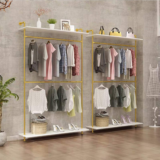 MDEPYCO Modern Simple 2 Tier Metal and Wood Garment Rack,Industrial Pipe Double Hanging Rods Clothing Rack,Retail Display Wall Mounted Storage Clothes Hanging Shelf (One Shelves,Gold, 55.2" L)