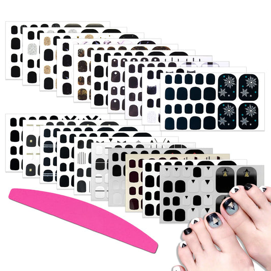 SILPECWEE Toe Polish Strips - Black Full Wraps for Women, Self Adhesive Stickers, Gel Strips for Toenails Decoration With Nail File (20 Sheets)