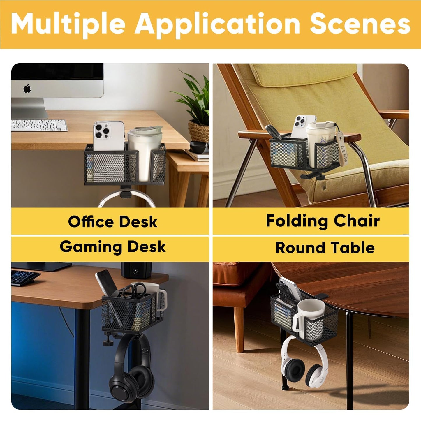 4 in 1 Metal Clip On Cup Holder Attachment for Gaming Desk or Table, Fits up to 40oz Cups, Sturdy and Easy to Clamp, Attachable Anti-Spill Cup Holder for Chair, Bedside, Bottles, Drinks - Black