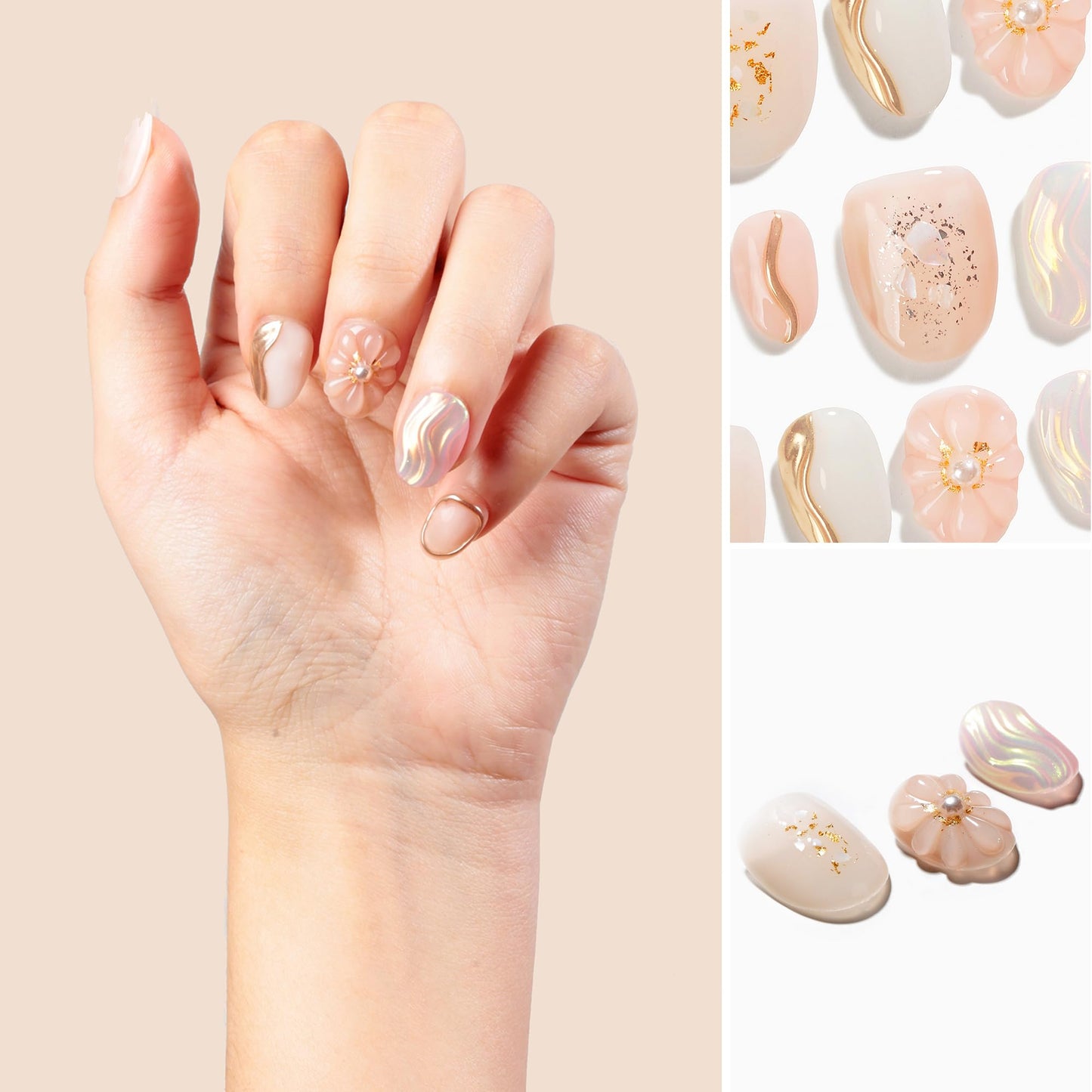 Sun&Beam Nails Handmade Press-on Short Round White Beige Gold 3D Mirror Pearl Design False Nail Tips 10 Pcs (#131 S)