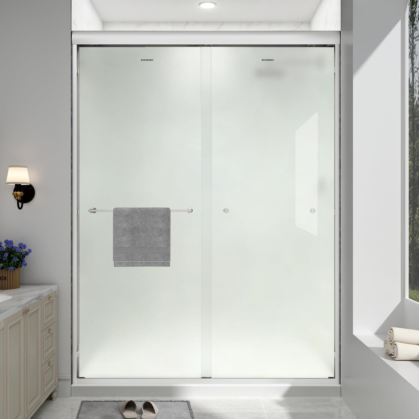 EASYWORC Double Sliding Shower Door, 43"-48" W x 70" H Semi-Frameless Frosted Shower Door, 1/4'' (6mm) Frosted SGCC Tempered Glass with Nano Coating and Explosion-Proof Film, Brushed Nickel