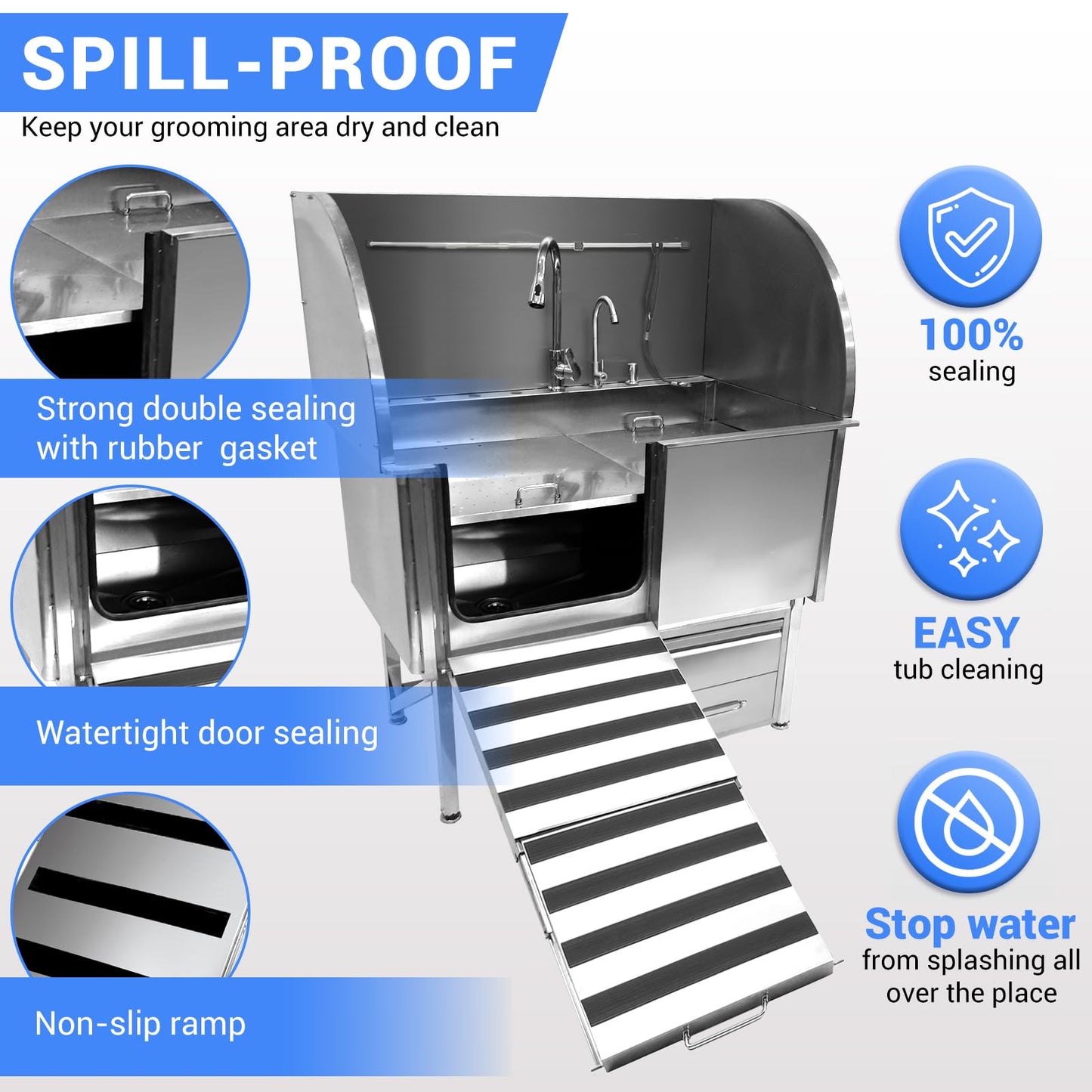 Towallmark Professional Stainless Steel Dog Bathing Tub - Dog Grooming Tub w/Ramp, Moveable Storage Drawer, Floor Grate & Faucet/Dog Bathtub for Large, Medium & Small Pets (50", Right Ramp)