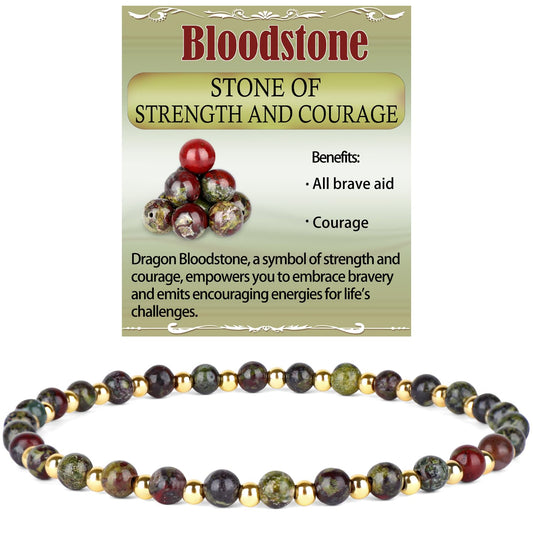 QOGIR Dragon Bloodstone - Strength and Courage - 14K Gold Plated Beads Natural Gemstone Stretch Elastic Dainty Healing Beaded Bracelets Gifts 4mm