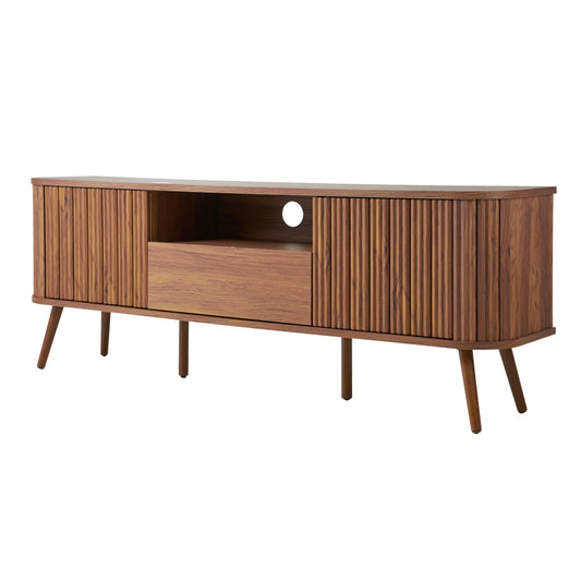 JONATHAN Y TVS1001B Damien 70 in. Farmhouse Curved TV Stand with Drawer and Storage Doors Fits TVs up to 75 in. with Cable Management, Walnut for Living Room, Bedroom, Dining Room