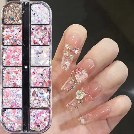 Nail Art Glitter Flakes, Pink Irregular Glitter Nail Sequins Love Heart Star Small Discs Design Nail Supplies for Women Girls Valentine's Day Manicure Charms Decorations DIY Sparkly False Nails Crafts
