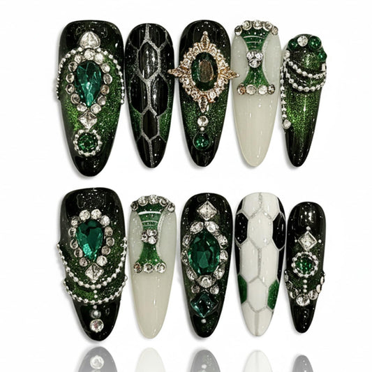 Handmade Green Gemstone Press On Nails long Coffin Reusable Stick On Fake Nails Luxury Elegant Sexy Style For Women Gift With Nail Glue Red Black M