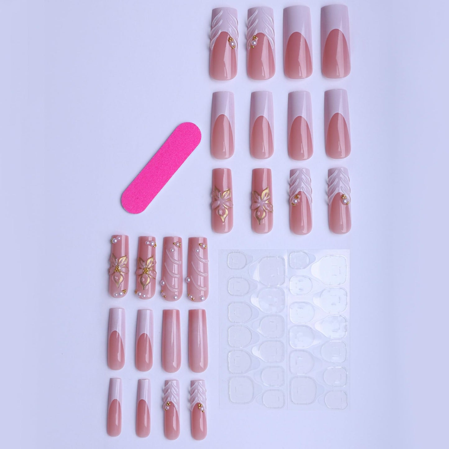 octoswave Press on Nails Long Square Fake Nails White French Artificial Nail 3D Embossed Flowers Pearl Stick on Nail for Women 24pcs
