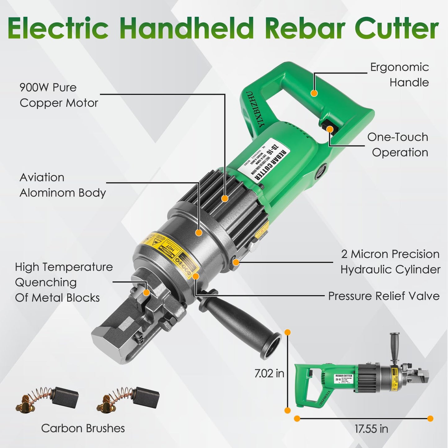 YIXBIZHU 900W Electric Hydraulic Rebar Cutter Aviation‑Aluminum 15bl Body Cuts 4‑16 mm (#3‑#5) Steel Bar in 1.5 s, Adjustable Jaw, One‑Button 110 V Portable Cut‑Off Tool（ZD‑16 ）