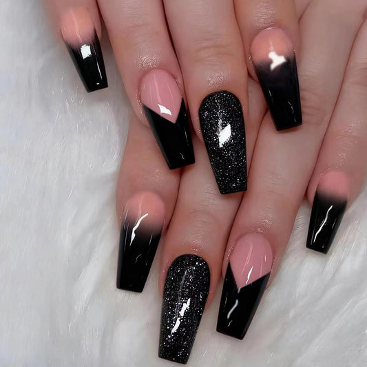 MERVF Coffin Press on Nails Long, Black Ombre French Tip Fake Nails Glitter Glue ons Solid Color Chevron Design Acrylic Nail Glossy 24pcs