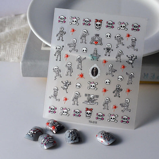 Halloween Nail Art Stickers 5D Embossed Skull Nail Stickers Blood Skeleton Nail Decals Self-Adhesive for Women Girls Manicure DIY Holiday Nail Supplies