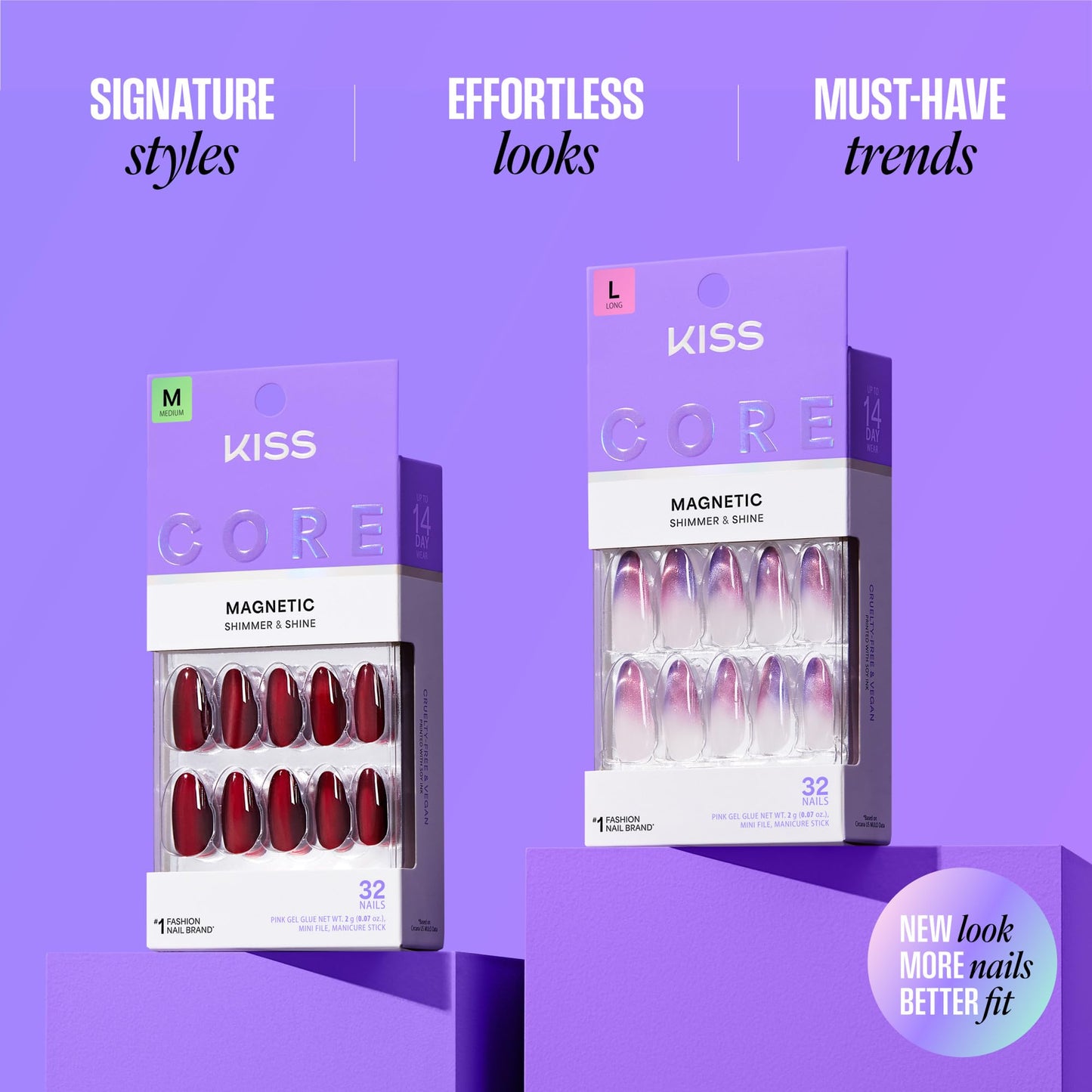 Kiss Core, Press On Nails, Nail glue included, 'Amazon Falls', Beige, Medium Size, Almond Shape, Includes 32 Nails, 2g Glue, 1 Manicure Stick, 1 Mini File