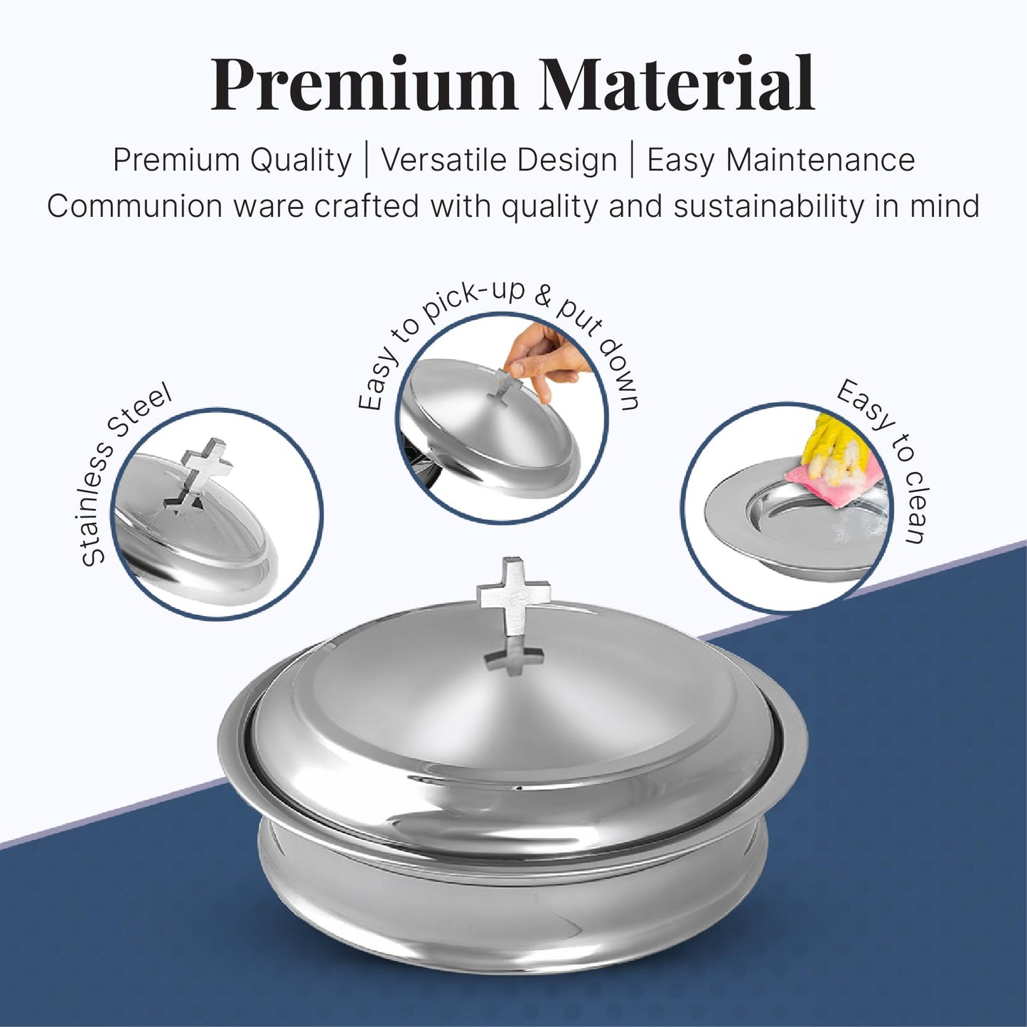 Communion Ware Church Set | Stackable 2 Communion Trays with Cover & 2 Bread Plates with Cover, 80 Cups Included | Ideal for Churches | Stainless Steel - Shiny (Silver) Finish
