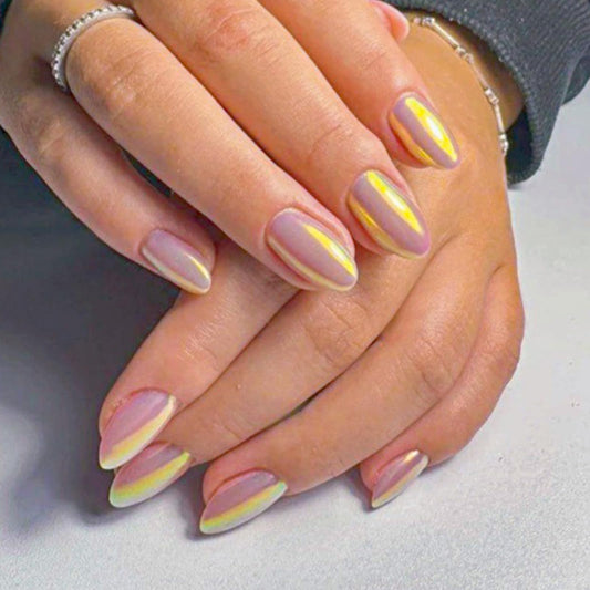 Press on Nails Short Oval Fake Nails Purple Metal Chrome False Nails with Glossy Holographic Gradient Acrylic Nails Shiny Full Cover Glue on Nail for Women Manicure 24Pcs
