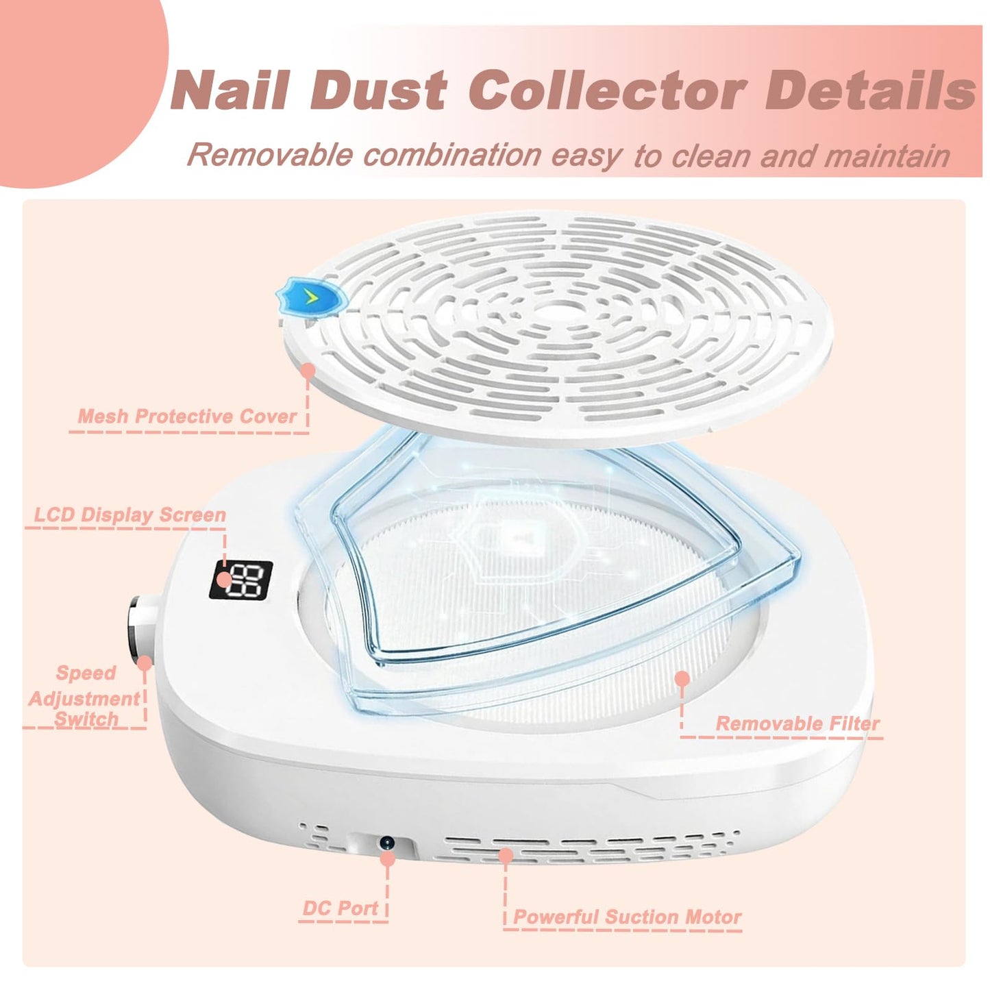 ibubu Professional Pedicure Nail Fan Vacuum Dust Cleaner Collector Quiet Nail Tech Adjustable Speed with LED Display Low Noise Strong Suction Detachable Easy to Clean for Manicure Salon & Home Use