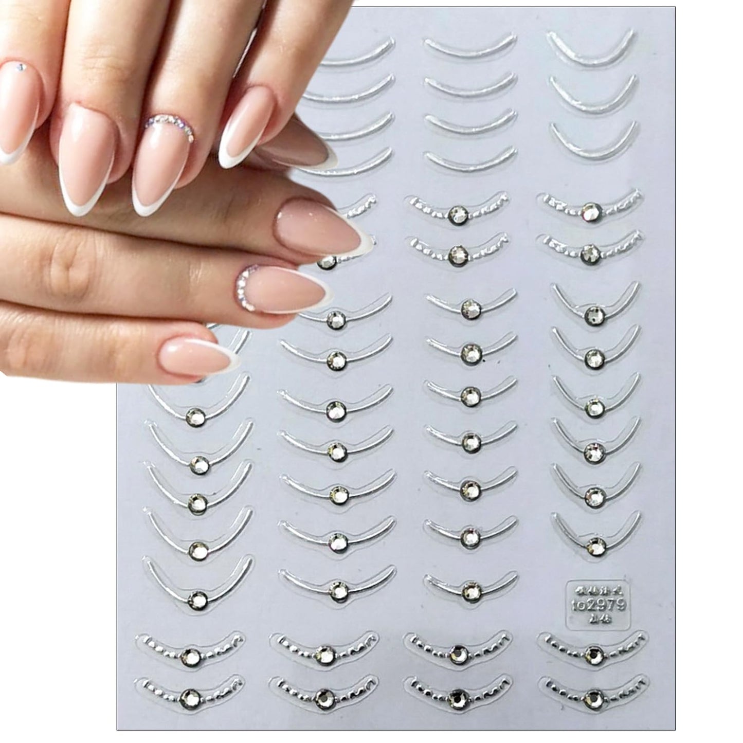 2 Sheets French Tips Nail Art Stickers - 5D Holographic French Simple Gold Silver Line Nail Stickers with Crystal Diamond Design Nail Decals for Women Manicure Decorations