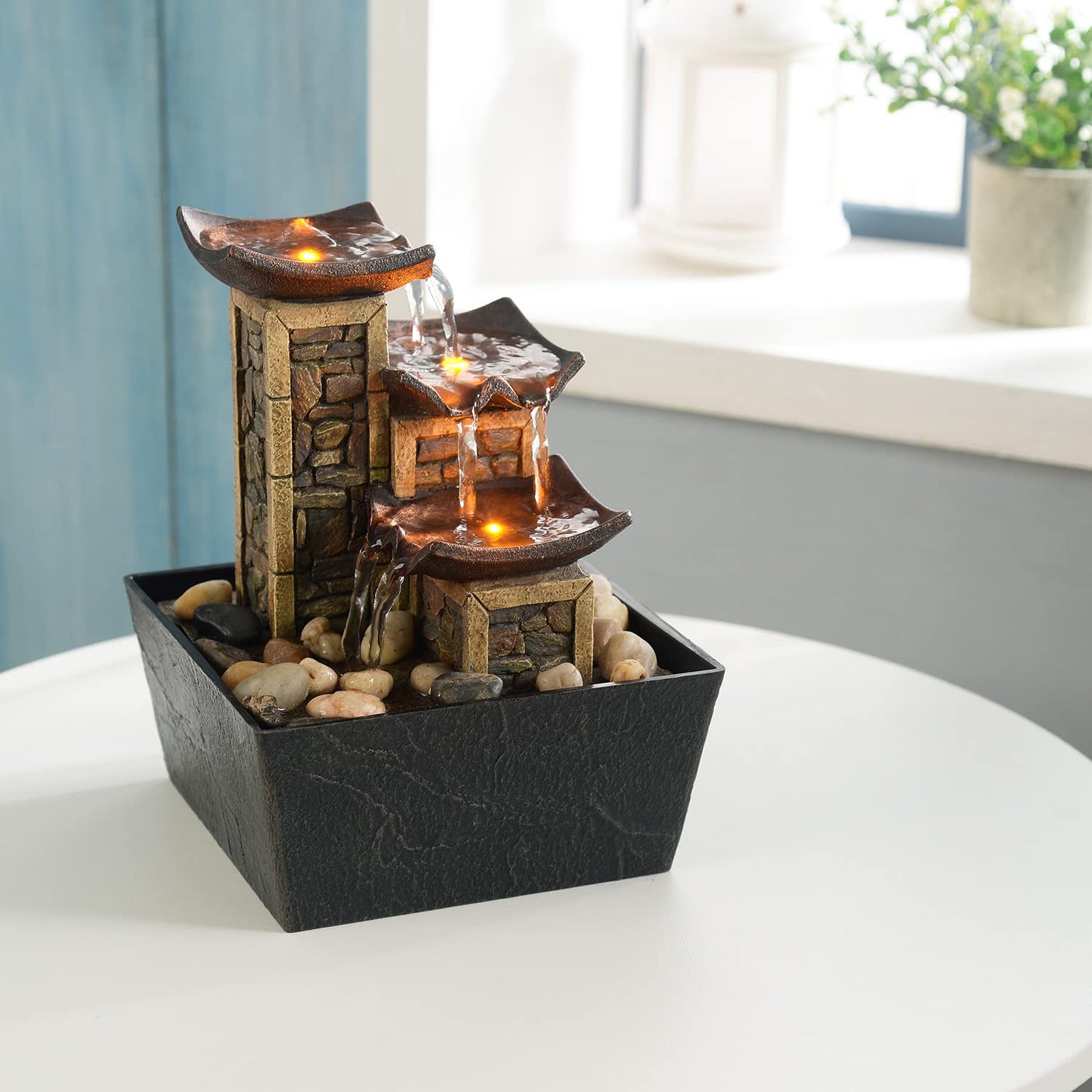GOSSI Indoor 3-Tier Relaxation Tabletop Fountain Simulation Stone Pillar Water Fountain Soothing Sound Meditation Fountain with Natural River Rocks and Reflective Lighting Feature