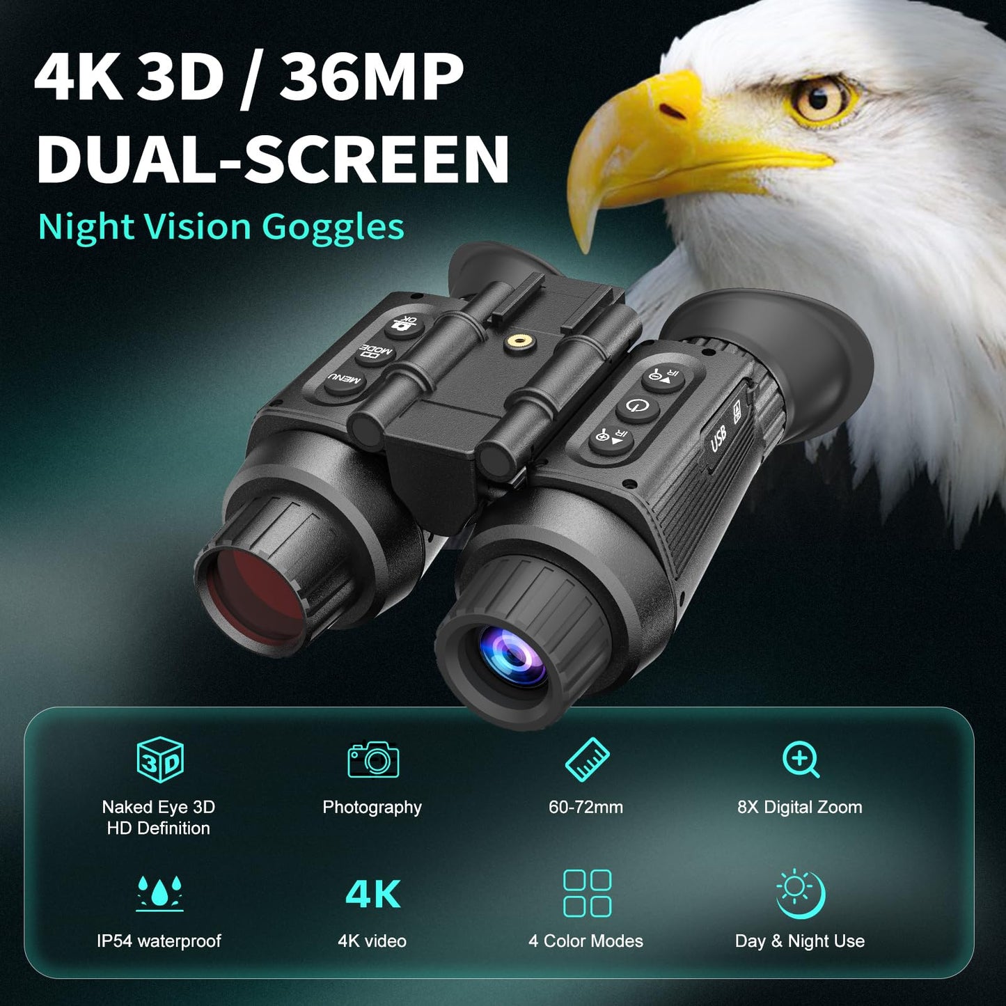 Dumjug 4K Digital Night Vision Goggles Binoculars with Photo and Video Recorder, 1314ft Long Distance, Nightvision Goggles for Camping Hiking with Head-Mount Kits for Helmet