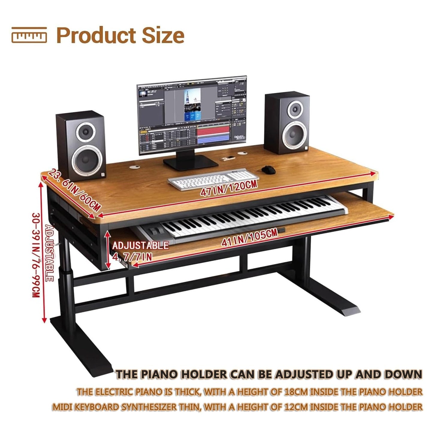 Music Studio Desk Workstation with Keyboard Tray, Office Computer Table with Organized Wiring/Keyboard Shelf Workbench Electronic Piano Midi Production Recording Studio