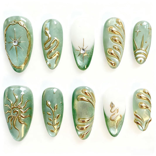 30pcs Green Press on Nails Medium Almond Fake Nails Gold Snake Leaves Star False Nails with 3d Rhinestones Designs Glue on Nails Green French Tip Full Cover Artificial Stick on Nail Decor for Women