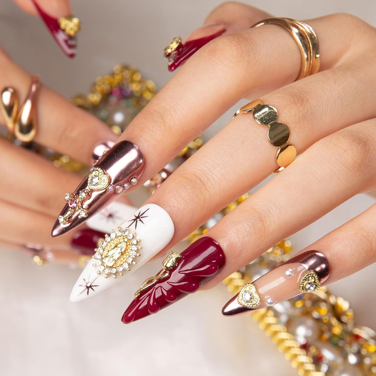 LOVFUL Press on Nails | Handmade with Full Covered Crystals | Reusable Fake Nails | Stiletto Classic Regular 1.3 in| (Royal Crimson, S)