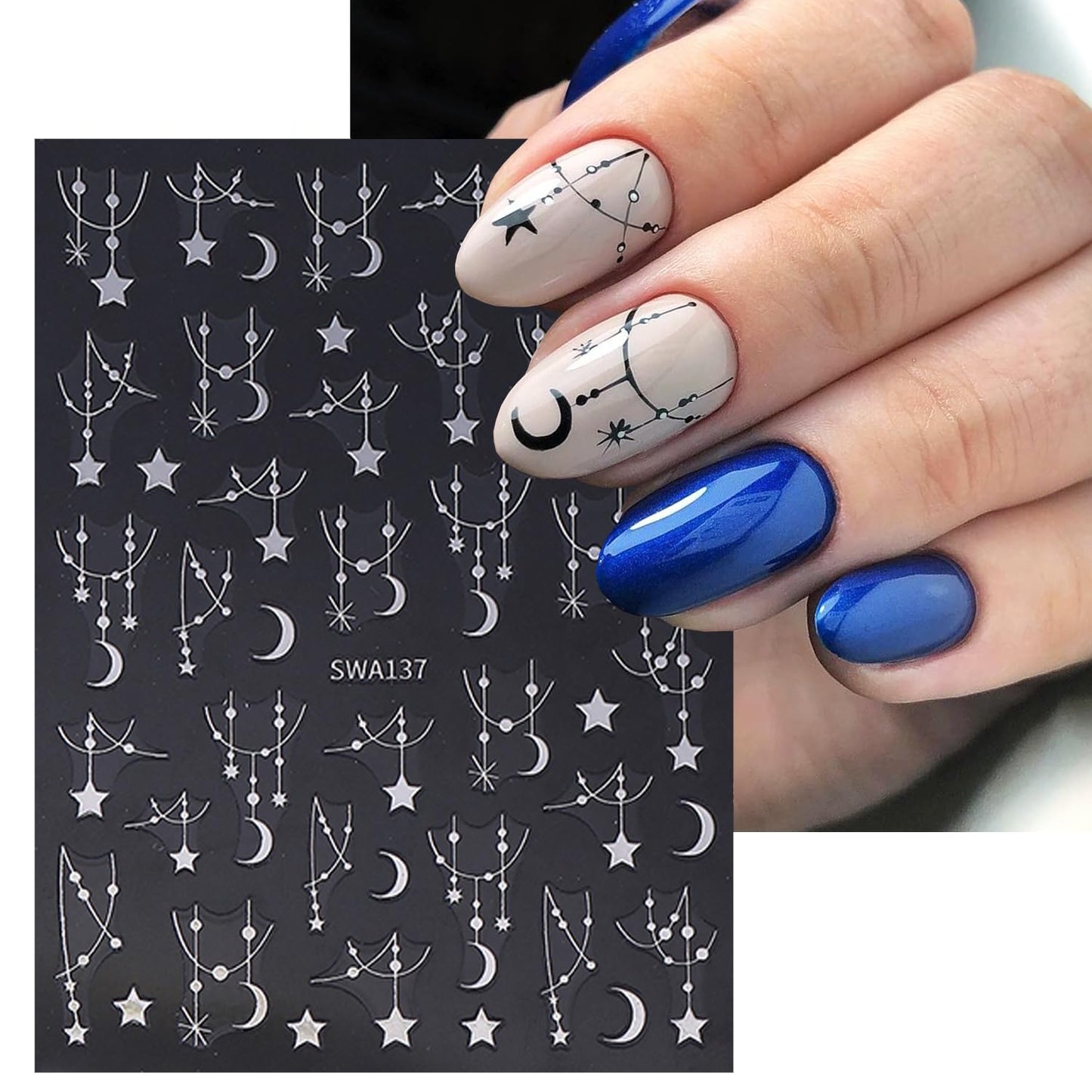 6 Sheets Star Nail Stickers 3D Self-Adhesive Silver Meteor Moon Nail Decals Black Chain Moon Star Nail Design Celestial Nail Art Stickers for Women Decoration Manicure Supplies