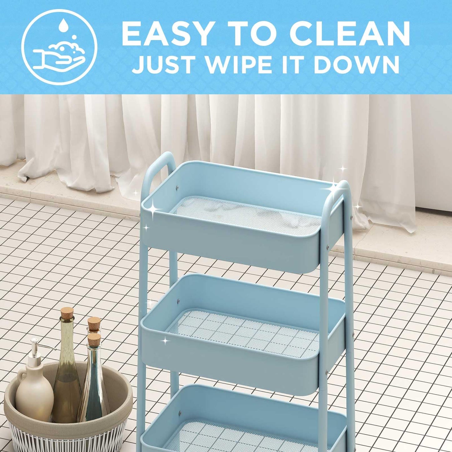 AGTEK 3 Tier Utility Rolling Cart with Lockable Wheels, Metal Multifunctional Storage, Organizer Cart for Kitchen, Office, Living Room, Makeup, Craft, Art Studio, Light Blue