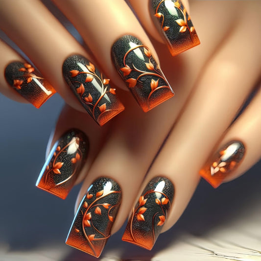 Flower Press on Nails Medium Square Nails Brown Floral Pattern Design False Nails Full Cover Glossy Stick on Nails Artificial Acrylic Nails Glitter Nails 24Pcs Reusable Glue on Nails for Women