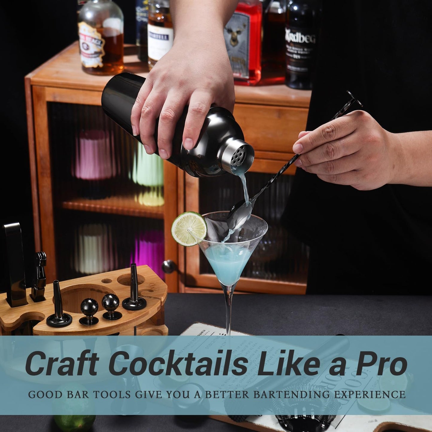 Cocktail Shaker Set Bartender Kit with Stand, 12 Piece Bar Set Drink Mixer Set with Stainless Steel Bar Accessories Tools: 25oz Martini Shaker Jigger Strainer Spoon Muddler for Cocktails (Black)