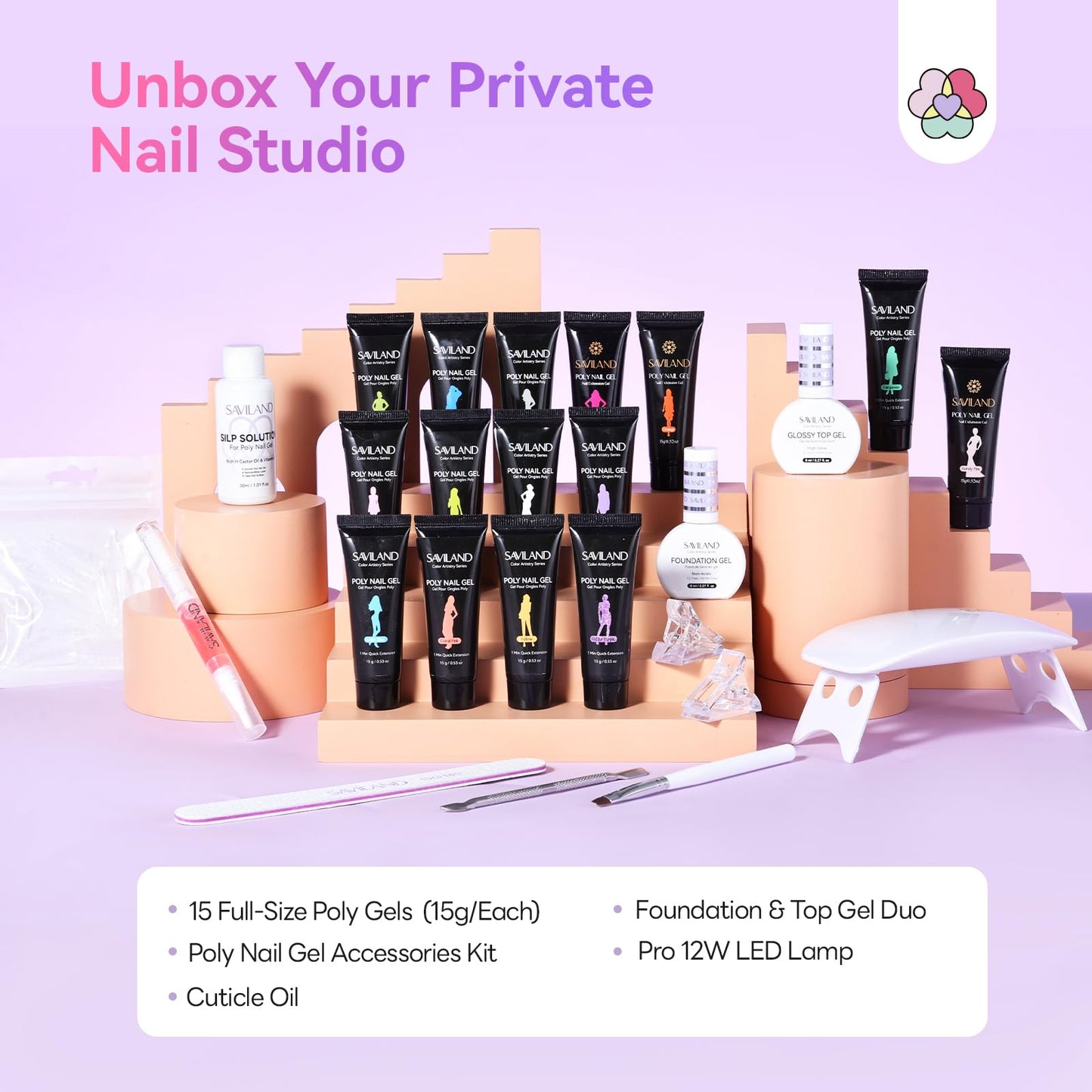 SAVILAND Hema-Free Poly Gel Nail Kit Starter: 15 Poly Gel Nail Colors for 28 Day Long-Lasting, All-in-1 Poly Nail Gel Kit with Slip Solution U V Lamp, Suitable for Trendy Nail Art Home Salon Daily DIY