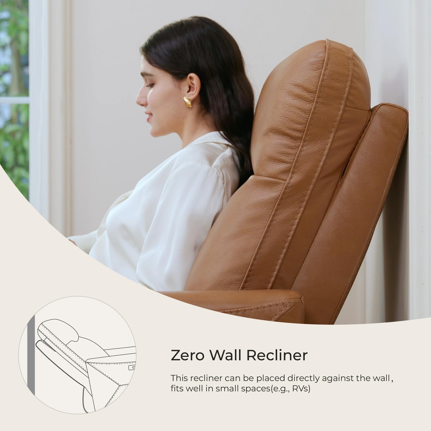 CHITA Genuine Leather Power Recliner Chair for Adults, Electric Wall Hugger Recliner for Small Spaces, Modern Living Room and RV Recliner Chair with Adjustable Power Headrest & Charging Ports, Brown