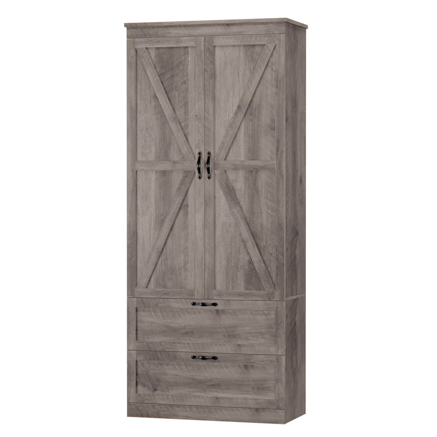 HOSTACK 70" Tall Kitchen Pantry Storage, Barn Doors Pantry Cabinet with Drawers and Adjustable Shelf, Modern Farmhouse Storage Cabinet for Kitchen, Dining Room, Living Room, Bathroom, Ash Grey
